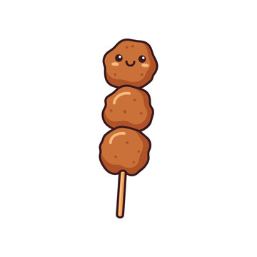 Cartoon-style illustration of a smiling meatball skewer on a stick, isolated on white