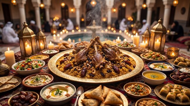 Traditional Ramadan Iftar Dinner With Lamb Kabsa And Lanterns