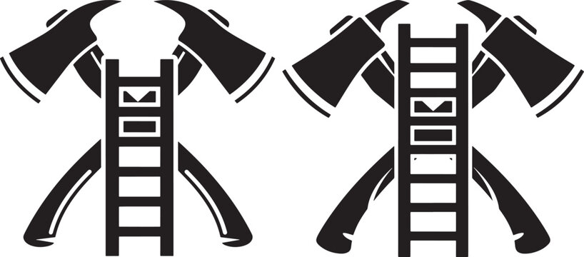 Crossed axes and ladder silhouettes set representing firefighting equipment and rescue service professional tools