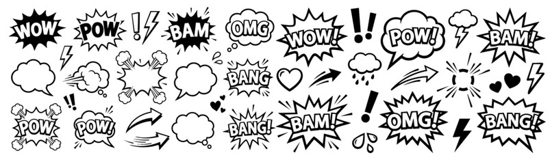 Line speed cartoon effect, boom explosive motion line element set. Comic boom burst, explosive smoke, line speed cartoon vector icon. Hand drawn sketch doodle action effect. © Creative Design