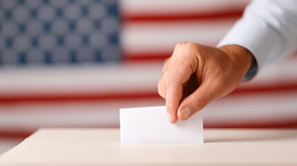 Voting process in front of an American flag during election day event