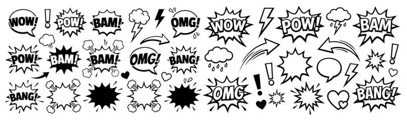 Comic boom cartoon effect line element set. Comic speech bubble pow, boom text, explosive splash smoke, wow cartoon vector icon. Hand drawn sketch doodle explosive element. Vector illustration. © Sabbir Rahman Sadid