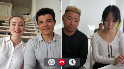 Students engage in an online call filled with laughter and serious moments, reflecting the diverse feelings of learning and connecting from different locations. - Powered by Adobe