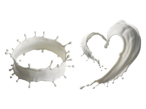 Milk splash in a crown shape and a heart shape isolated on transparent background