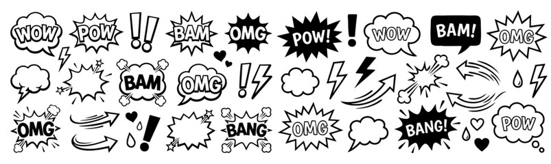 Line speed cartoon effect, comic smoke motion line element set. Comic boom motion, explosive energy, line speed cartoon vector icon. Hand drawn sketch doodle action effect. Vector illustration © Miftahul Nehar