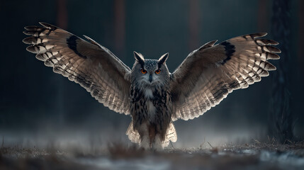Fototapeta premium Owl Flying Through Dark Forest at Night with Wings Spread