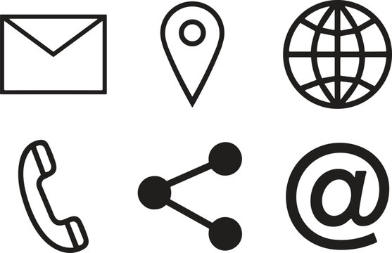 Contact icon set featuring email envelope and map location pointer with global web grid plus telephone and social share symbols