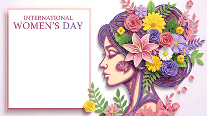 International women's day greeting card with floral portrait