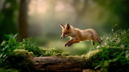 Fototapeta premium Fox leaping over moss-covered log in misty forest