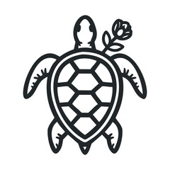 Obraz premium Sea turtle with a flower illustration, a simple black outline drawing representing marine life and nature's beauty in a minimalist style.