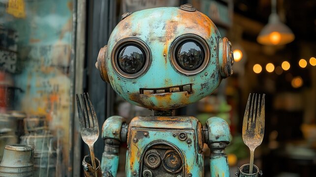 Quirky robot made from kitchen utensils, forks, knives, and rusty metal design for fun and unique culinary decor creative concept.