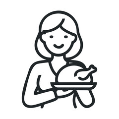 Smiling woman holds roasted turkey on platter, ready to serve a delicious meal for a festive holiday celebration or family dinner.