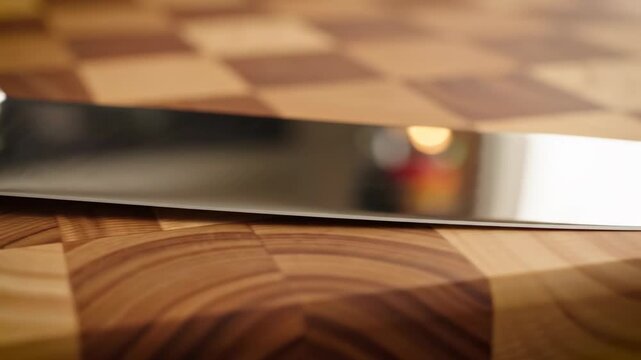Shiny Knife on Butcher Block: A gleaming knife rests gracefully on a beautifully crafted butcher block, its polished blade reflecting the light in a stunning display of culinary elegance.