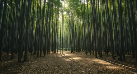 Sunlight filtering through a dense, tall bamboo forest grove with a path covered in fallen leaves