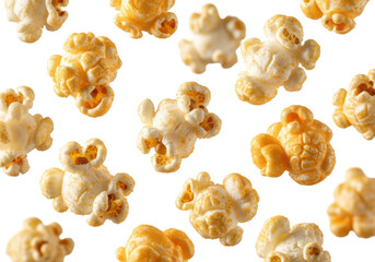 Freshly popped fluffy cheddar popcorn kernels, golden-orange, dynamically suspended mid-air against a transparent background, showcasing appetizing texture. Delicious snack concept