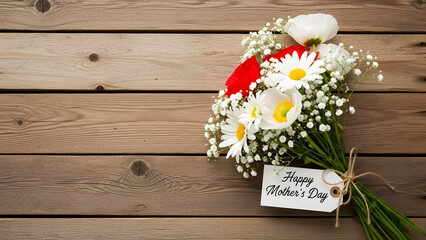 A bouquet of white daisies and baby's breath on a wooden background