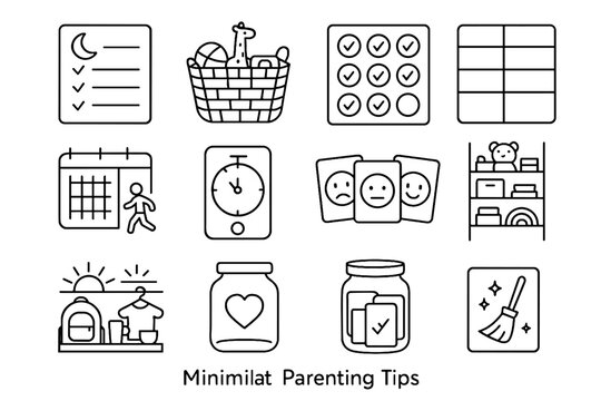 Minimalist mindful prep icons daily parenting vector icon morning play chore station