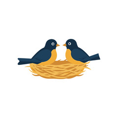 Obraz premium Two colorful birds sitting together in a cozy nest, surrounded by a minimalistic background