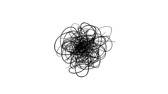 A minimalist abstract line drawing features chaotic, tangled scribbles in black ink on a pure white background. The continuous lines form a dense knot at the center with loose strands extending outwar