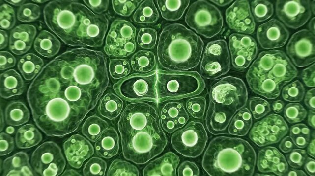 Microscopic World: A vibrant, abstract view into the microscopic world, revealing the intricate patterns of cells and cellular structures in shades of green.