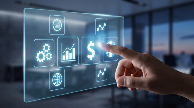 Hand interacting with futuristic digital interface displaying financial and business icons in a modern office environment - Powered by Adobe
