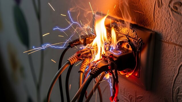 Close-up of electrical outlet on fire with sparks and melted cords, depicting a dangerous situation