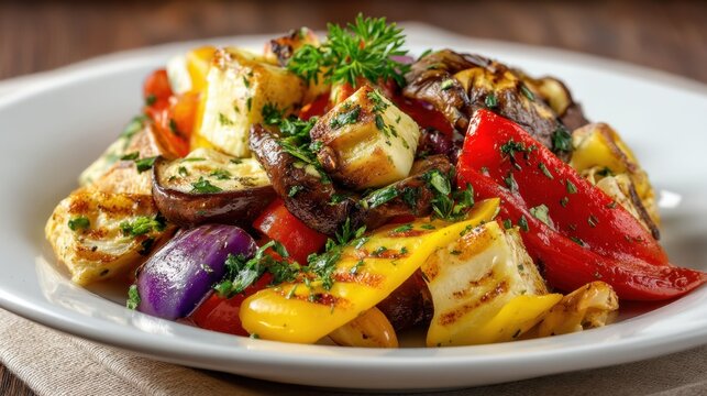 Colorful grilled vegetable medley with herbs on a white plate.