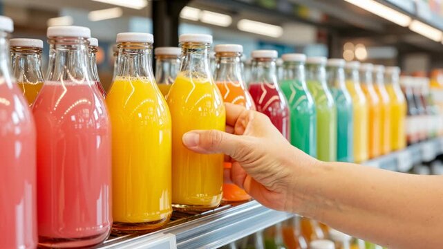 close up of a hand selecting a bottled fruit juice from a refrigerated supermarket shelf, illustrating consumer choice, fresh beverages, and retail shopping