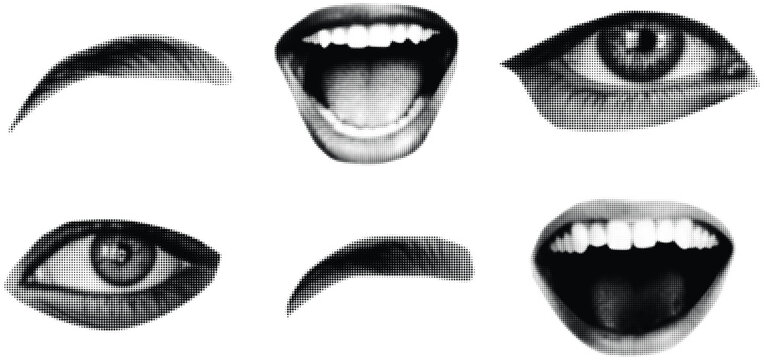 Halftone face elements set eye and mouth illustrations with dot texture for graphic design and modern retro pop art feel vector