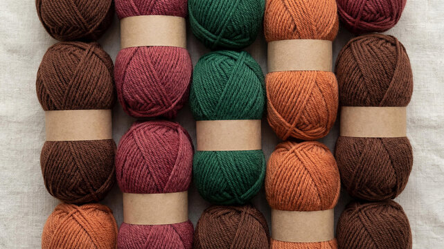 Top view of multiple organized skeins of wool yarn in autumn colors like brown, green, and orange. Each ball has a blank paper label, perfect for knitting and handicraft retail concepts