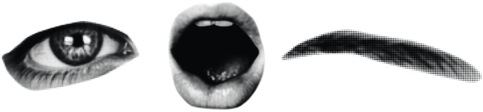 Halftone eye mouth and eyebrow set in white background Pop art design concept retro style vector illustration