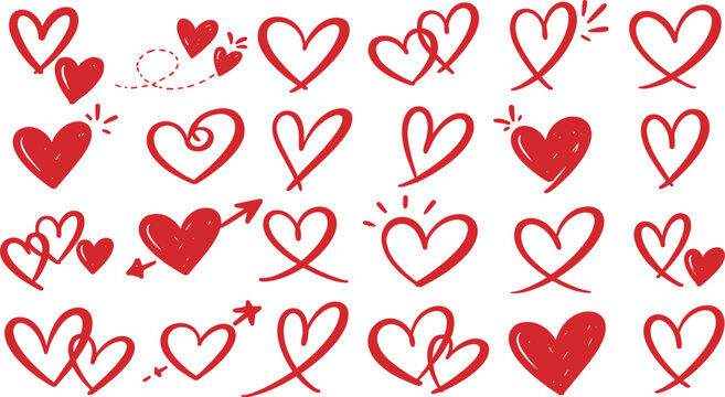 Collection of hand drawn hearts in simple doodle and sketch style. Universal love symbols suitable for romantic themes, weddings and creative layouts.