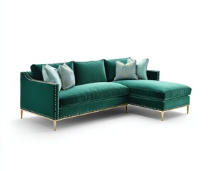 Emerald green velvet L shaped sofa with brass legs