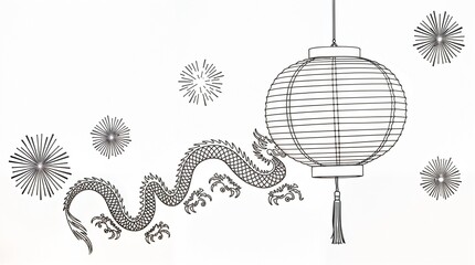 Obraz premium Chinese dragon and lantern with flowers, adult coloring page, festive mood, Lunar New Year