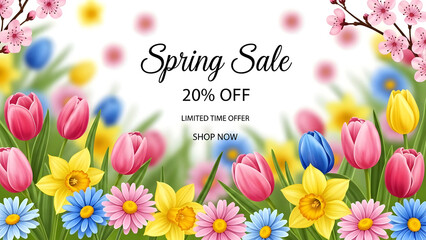 Vibrant spring floral sale advertisement with 20 off discount