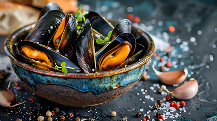 Gourmet mussels served in rustic pottery bowl with fresh herbs