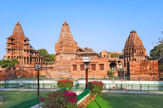 JODHPUR RAJASTHAN INDIA 02 14 2023: Old Hindu Temple exterior structure at Mandore Garden jodhpur city, Rajasthan, India