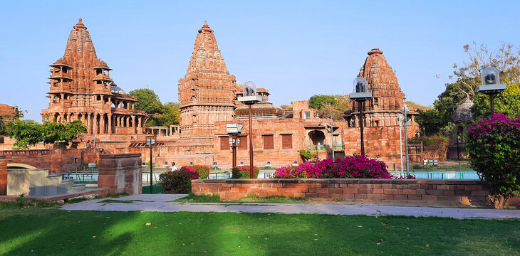 JODHPUR RAJASTHAN INDIA 02 14 2023: Old Hindu Temple exterior structure at Mandore Garden jodhpur city, Rajasthan, India