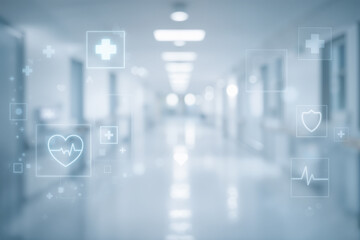 Blurred hospital corridor with icons representing medical and healthcare symbols floating across the scene in a cool blue tone