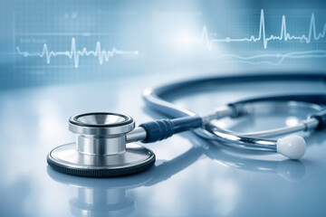 Close-up of a stethoscope resting on a reflective surface with a blurred blue background featuring an electrocardiogram line.