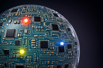 Close-up of a spherical object covered with a blue circuit board pattern and illuminated by red, yellow, and blue LED lights.
