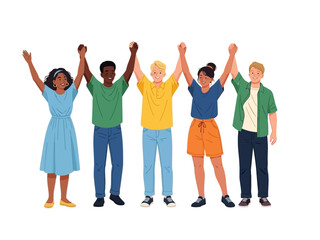 Obraz premium Diverse group of people with raised hands in unity and solidarity