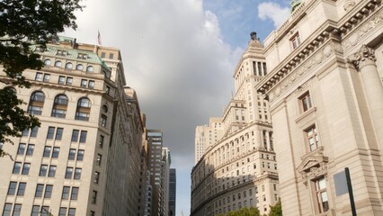 Obraz premium New York City Lower Manhattan Downtown Financial District, Broadway street, United States. Building architecture near Bowling Green from Battery Park. Urban cityscape of FiDi. American business center