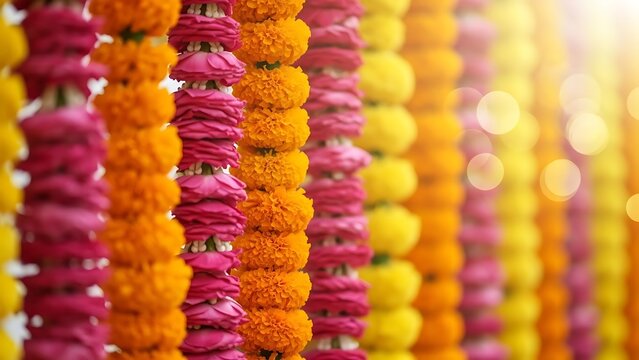 Close-up of vibrant floral garlands hanging in a row, with warm, blurred background