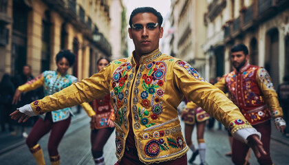 Fototapeta premium A man in a yellow jacket is dancing with a group of people