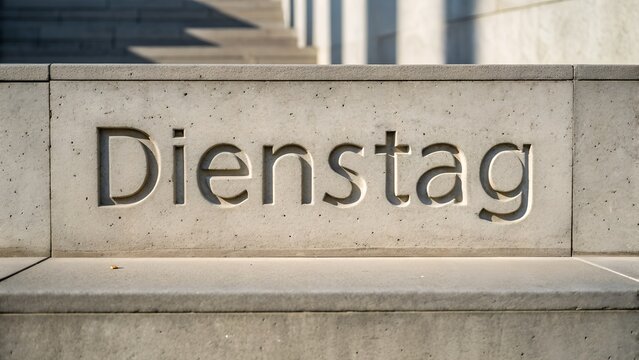 &ldquo;The word &lsquo;Dienstag&rsquo; carved into smooth concrete texture, subtle depth and shadows, neutral stone colors, structured and stable composition, close-up, minimalist German design style&rdquo;