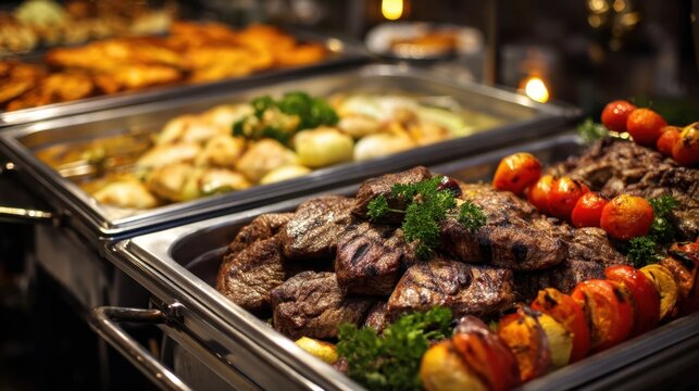 Delicious buffet with grilled steak, vegetables, and various appetizers.