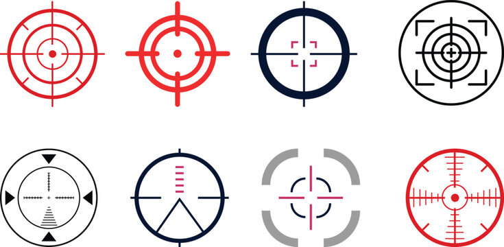 Bullseye target silhouette icon set with crosshairs and accuracy symbols.Abstract line art target icons set featuring various crosshair designs for accuracy and precision concepts.Minimal target icon