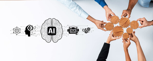 Obraz premium This image depicts a collaborative effort in artificial intelligence, showcasing diverse hands working together with brain graphics and gears, symbolizing teamwork and innovative technology. Trope