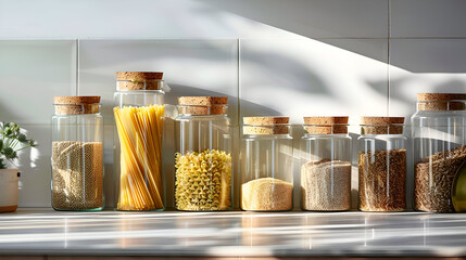 Elegant arrangement of glass storage jars with various food items in sunlit kitchen